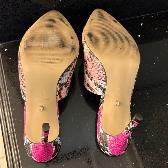 *Carvela Pink Turquoise Black Leather Snakeskin Stiletto Open Toe Heels Slides - Picture 5 of 9